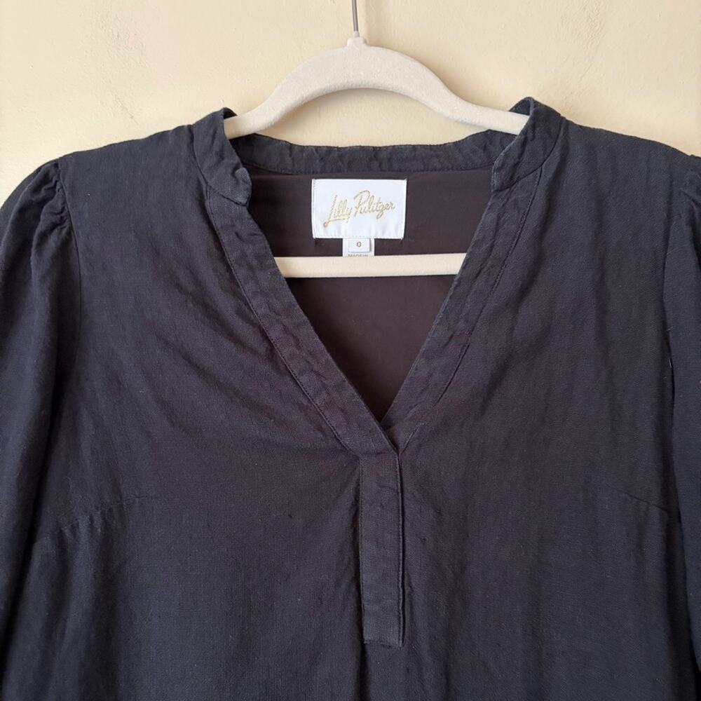 Lilly Pulitzer | Mialeigh Linen Mini Dress Elbow Puff Sleeves Relaxed Black SZ 0 - Picture 5 of 9